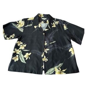 Vintage Tommy Bahama Silk Hawaiian Black Floral Print Shirt Mens S